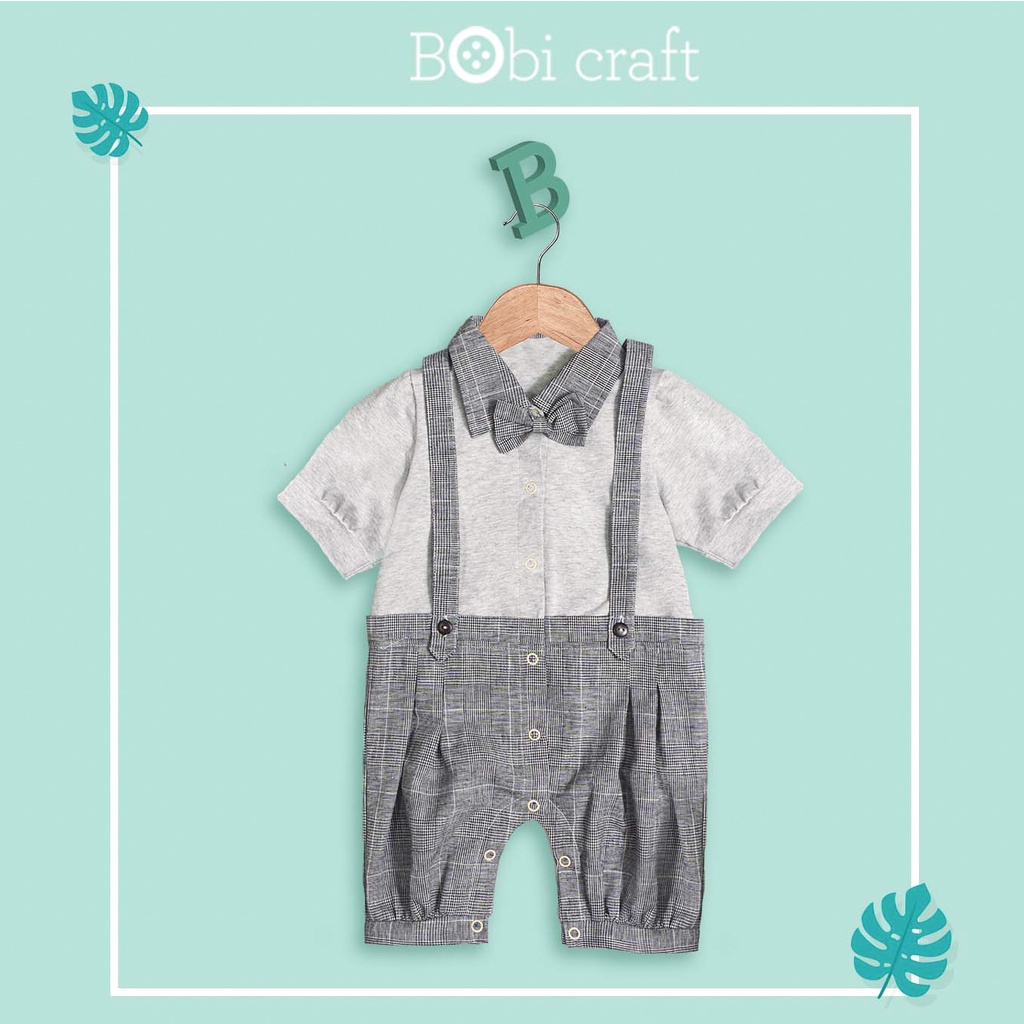 Quần áo trẻ em Bobicraft - Bộ đồ liền thân bodysuit ROMPER QUẦN YẾM BÉ TRAI CARO XÁM  - Cotton hữu cơ organic an toàn