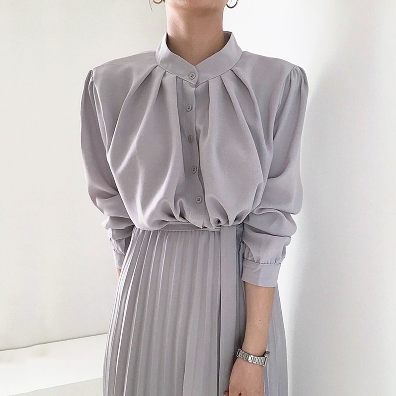 Đầm sơ mi chic xếp ly thích hợp đi làm nhiều màu