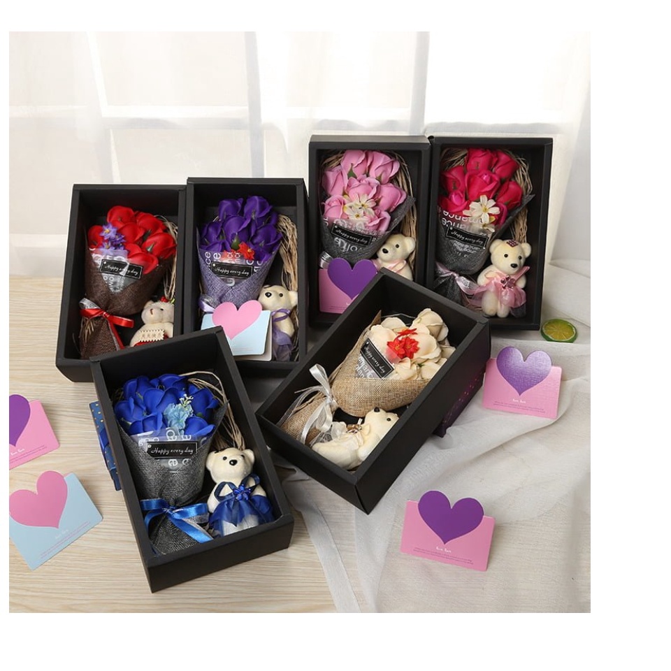 Hoa Hồng Sáp Thơm Bó 7 Bông Kèm Gấu .Tặng Người Yêu .Rất Lãng Mạng Có Hộp Sang Trọng