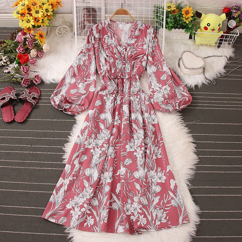 Đầm Hoa Tay Phồng Cổ Chữ V Thời Trang Retro Thanh Lịch Cho Nữ