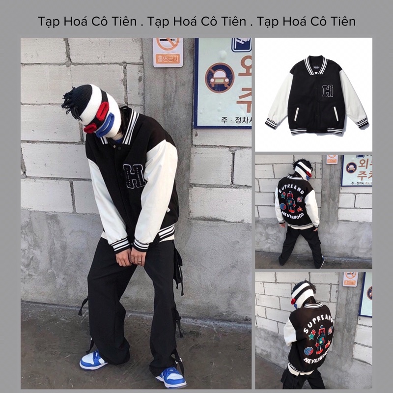 Áo Khoác varsity rô bốt 2 lớp cúc bấm vải dạ tay da nam nữ
