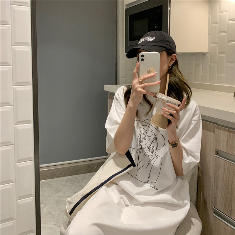 Đầm midi tay ngắn in họa tiết chân dung thời trang trẻ trung cho nữ