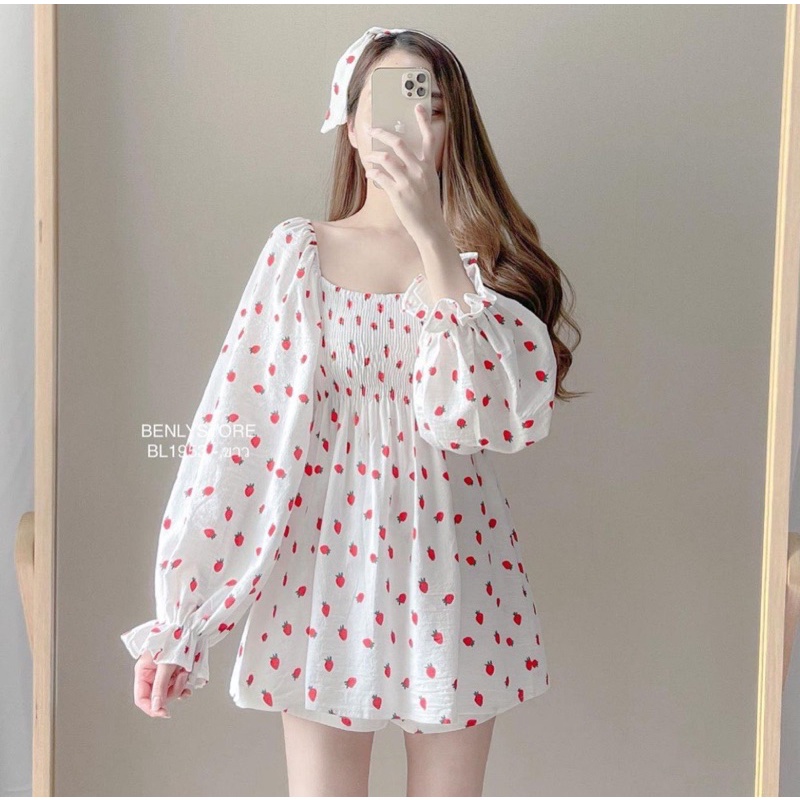 SET ÁO BBD CHUN NGỰC TAY BO + SHORT IN HOẠ TIẾT TRÁI DÂU
