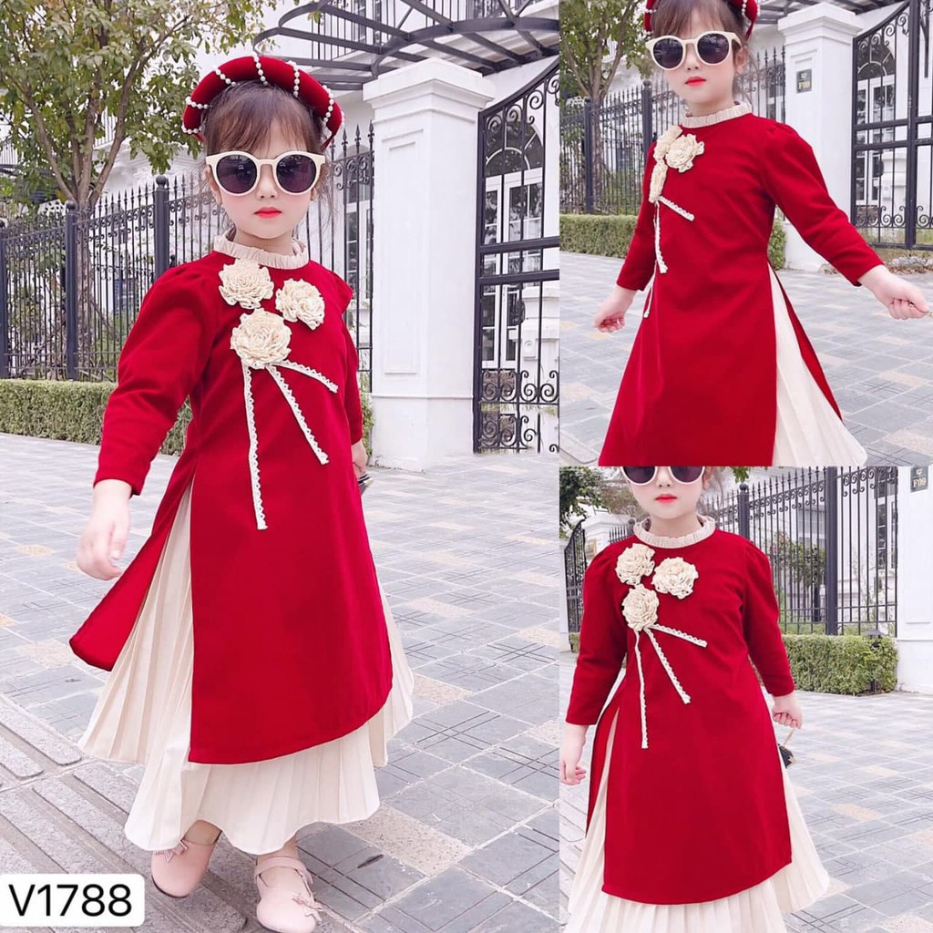 Set áo dài bé gái cách tân hoa vai S1788 - Váy Đầm Dạ Hội DVC