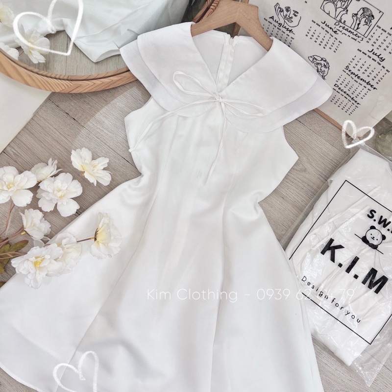 [Hàng sẵn - Hình thật] Đầm trắng cổ thủ thuỷ 2 lớp nơ ngực dáng xoè xinh xắn