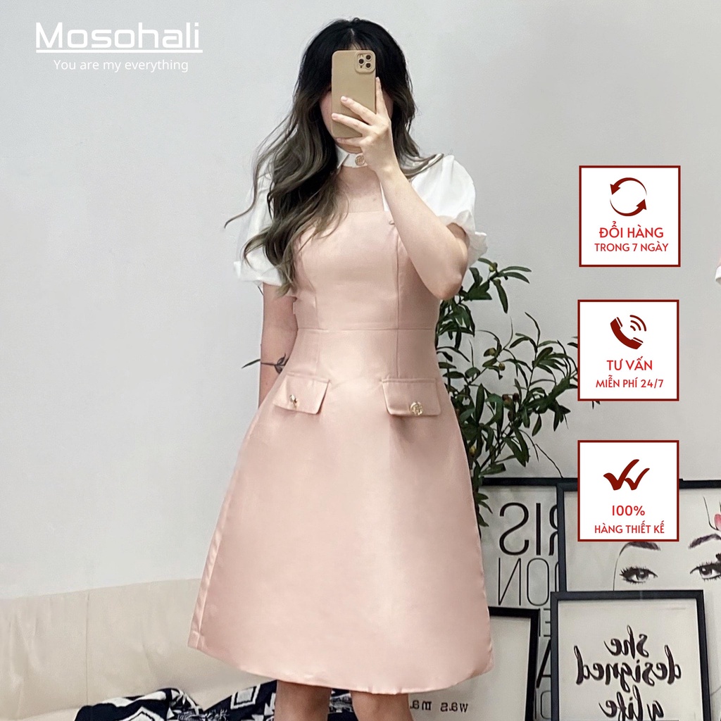 Váy cổ choker đính charm phối trắng, tiểu thư, nữ tính dự tiệc
