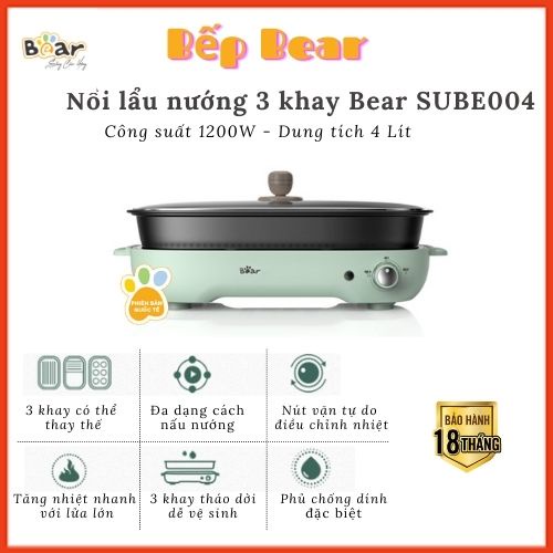 Nồi Lẩu 2 Ngăn Uyên Ương Bear 6L, Lẩu Nướng 3 khay, Bảo Hành Chính Hãng 18 tháng