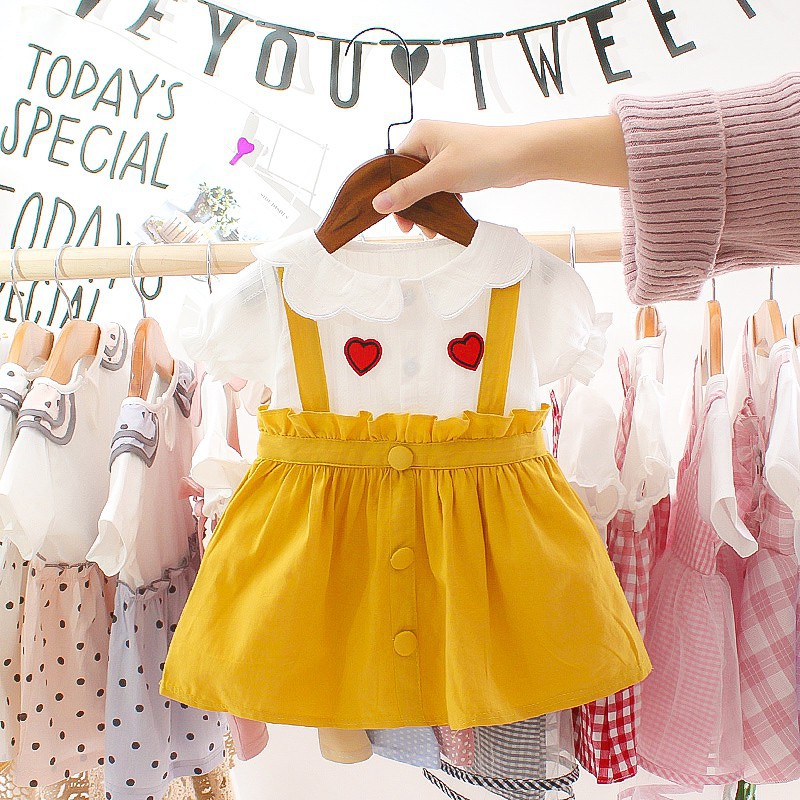 Đầm DUDUBABA cotton giả 2 lớp tay ngắn họa tiết trái tim thời trang mùa hè bé gái 0~3 tuổi
