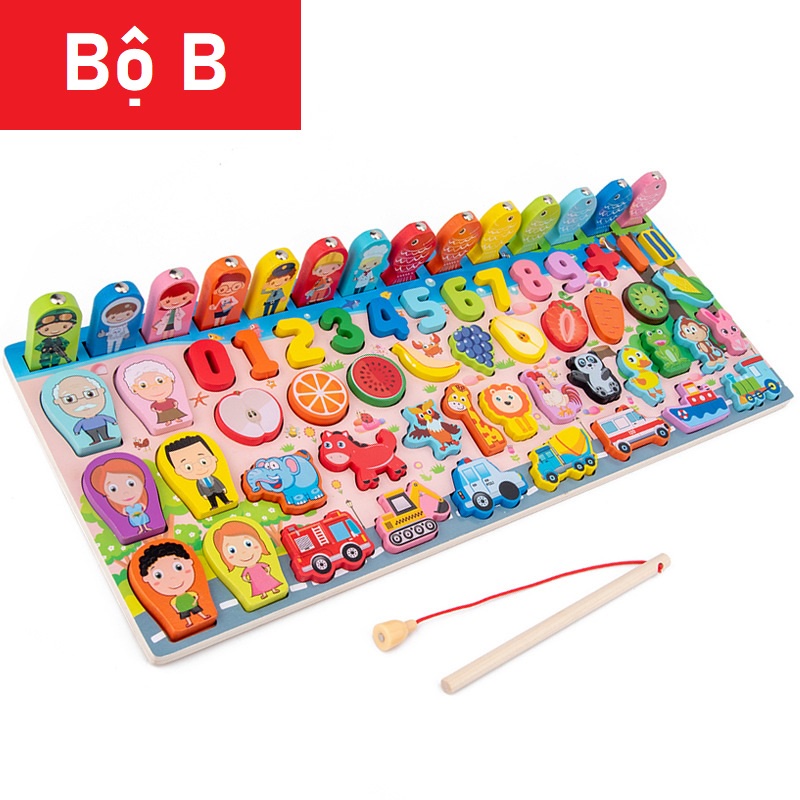 Bộ đồ chơi bảng số và chữ cái thông minh Harison, bộ đồ chơi câu cá và ghép số học bằng gỗ kích thích bé phát triển 6in1