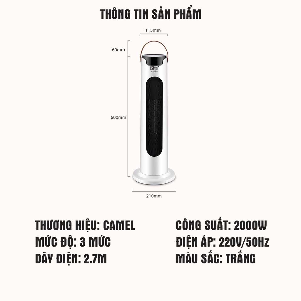 Quạt sưởi chính hãng CAMEL dáng đứng, góc xoay 120 độ tỏa nhiệt, công suất 2000W - BH 12 tháng