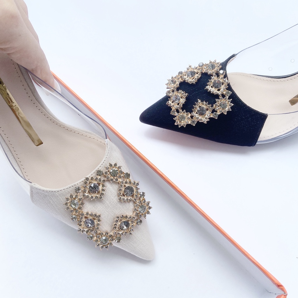 Giày hở gót nữ 5p mũi nhọn da vân mềm charm đá bít mũi thời trang công sở đẹp -Dazzling Shoes DA755