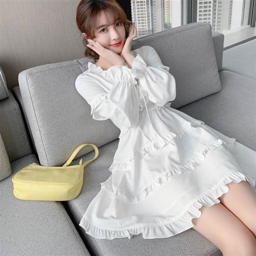 Áo dài kiểu Pháp cao cấp mùa xuân và mùa thu, thời trang mới màu trắng tính khí, eo và tay áo mỏng váy công chúa