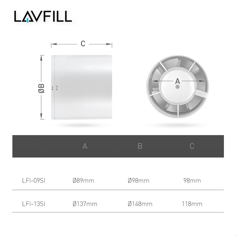 Quạt thông gió đường ống, tăng áp, không ồn, có nắp chống đảo gió - hãng LAVFILL LFI-13SI/ LFI-09SI