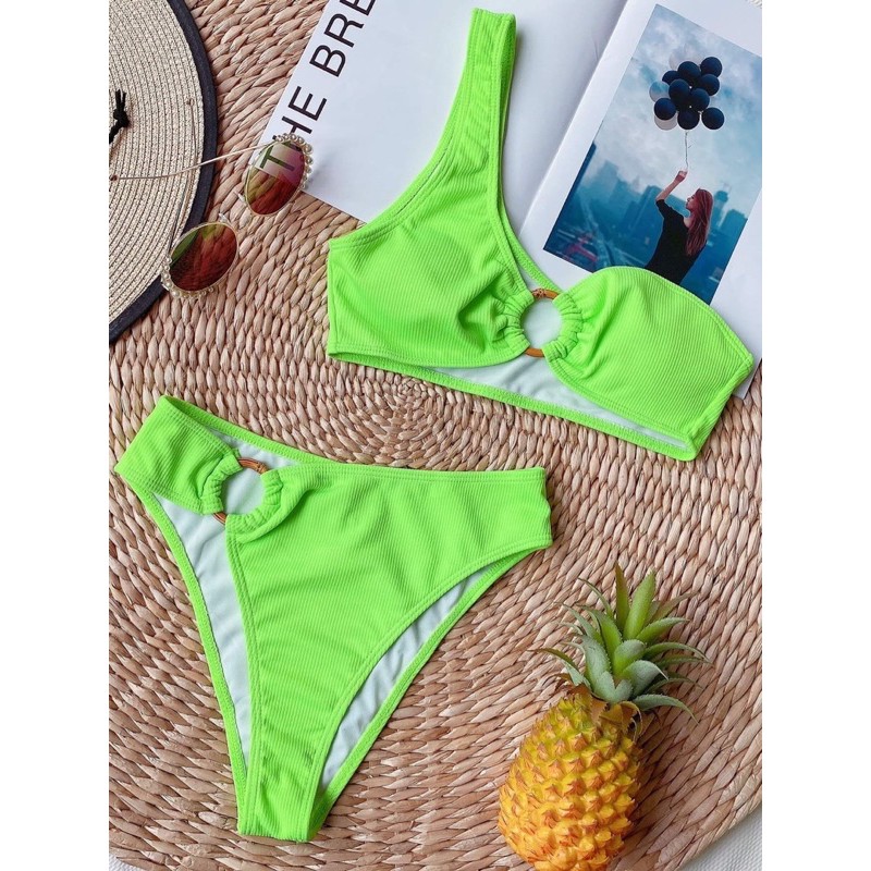 [BKN643] <ÂU> SET BIKINI LỆCH VAI KHUY TRÒN VẢI GÂN ĐEN/XANH NEON (CẠP CAO) | WebRaoVat - webraovat.net.vn