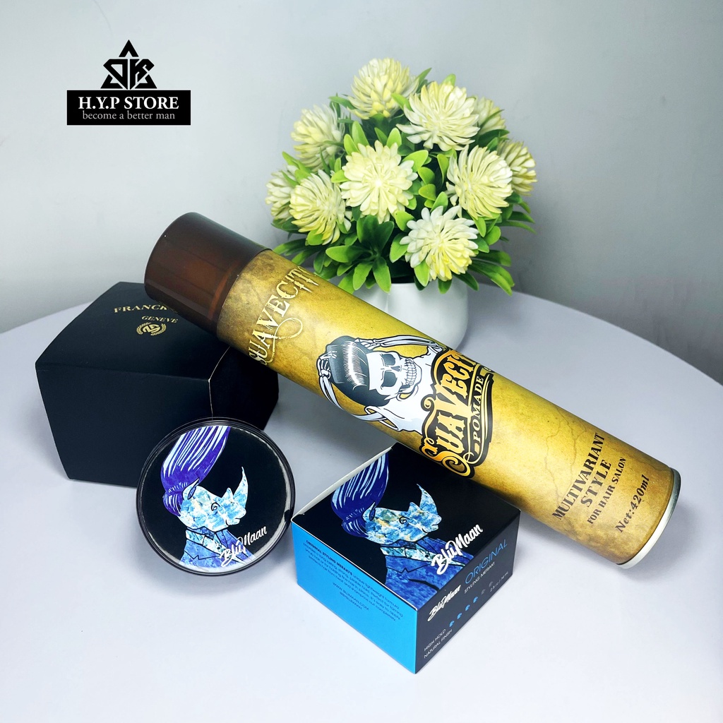 Combo Sáp Vuốt Tóc Nam Bluman Tê Giác Kèm Gôm Xịt Tóc Suavecito Cao Cấp
