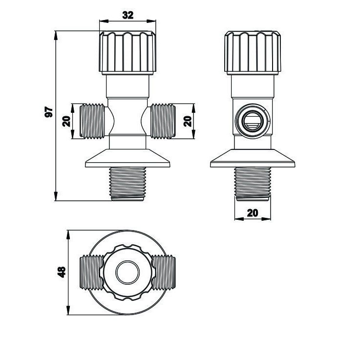 DV02 - Bộ van chia nước nhựa hình chữ T có 3 đầu chờ