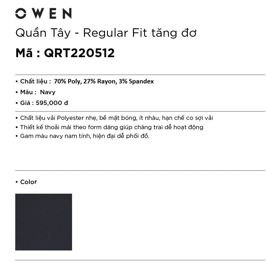 Quần âu tây nam công sở cao cấp OWEN QRT220512 dáng regular fit ống đứng suông rộng cạp chun màu xanh navy trơn vải poly