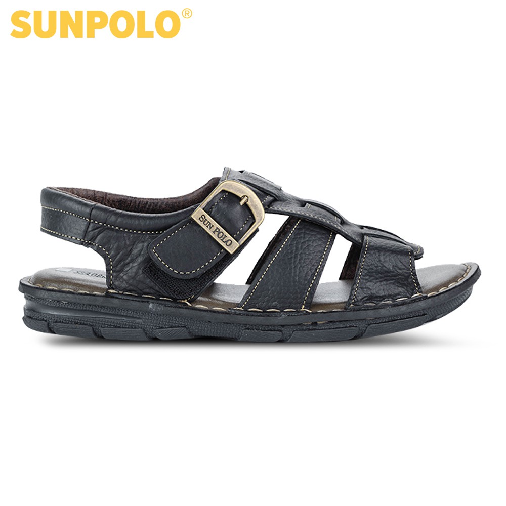 Sandal Nam Da Bò Cao Cấp SUNPOLO Nâu Đen SUSDA1ND