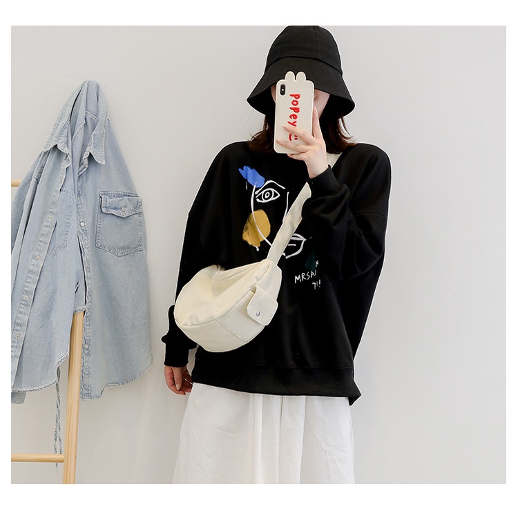 Túi vải tote đeo chéo bán nguyệt vải canvas phong cách unisex đựng sách vở đi học đi chơi
