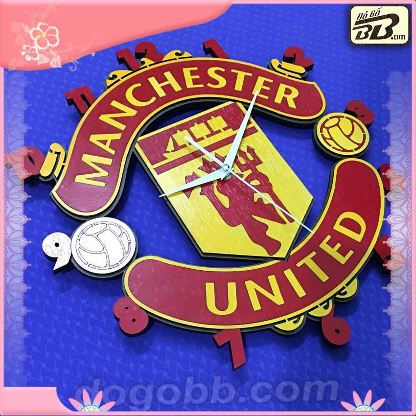 [Giảm giá thần tốc] 40cm Đồng Hồ MU Bóng Đá Logo Clb Manchester United Treo Tường Gỗ Bền Rẻ Đẹp Bản Màu Đỏ Vàng - Đồ Gỗ