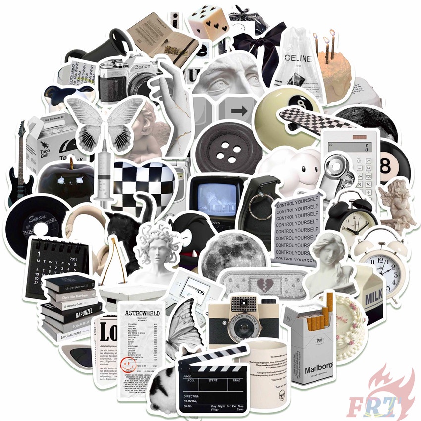 Set 60 sticker chống nước màu trắng đen cổ điển phong cách Bắc Âu thời trang