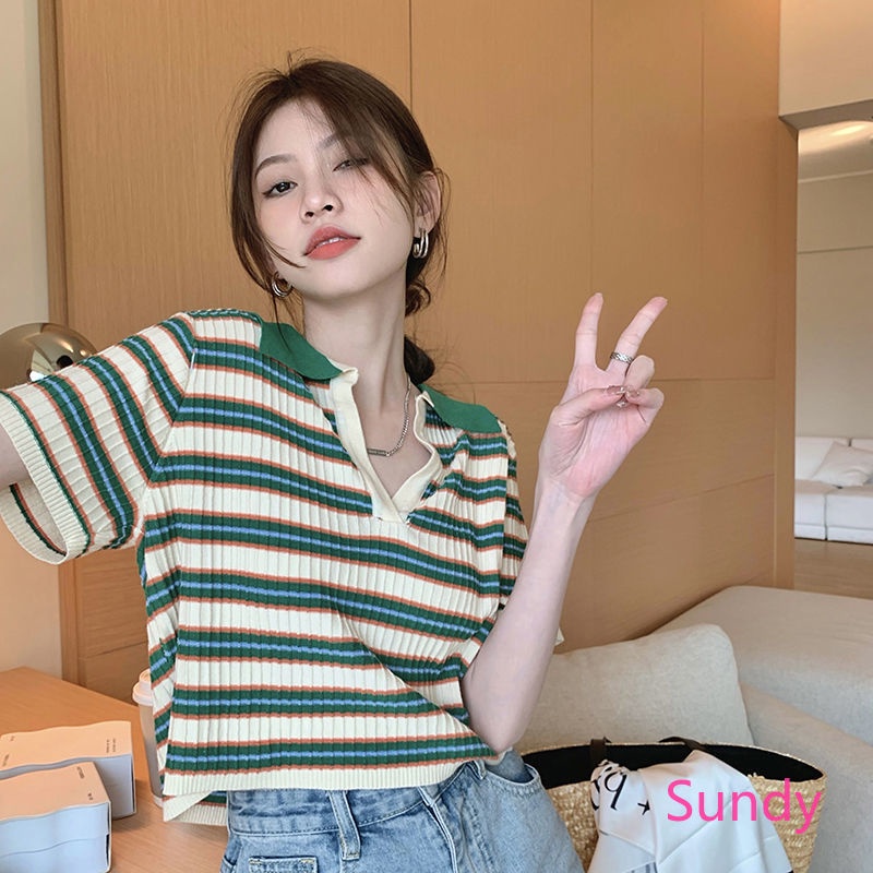 Áo Sơ Mi Dệt Kim Cổ Polo Họa Tiết Kẻ Sọc Thời Trang Mùa Hè Có Size Lớn Cho Nữ