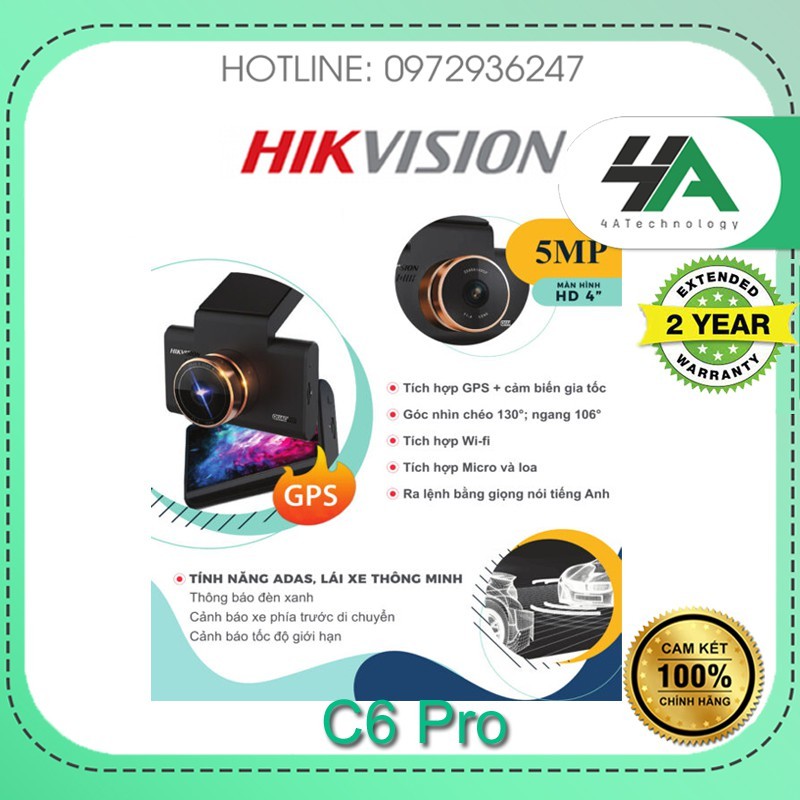 Camera hành trình C6pro 5MP Hikvision kèm thẻ 64GB - Màn hình HD 4inch, mic, loa, wifi (chính hãng Hikvision)