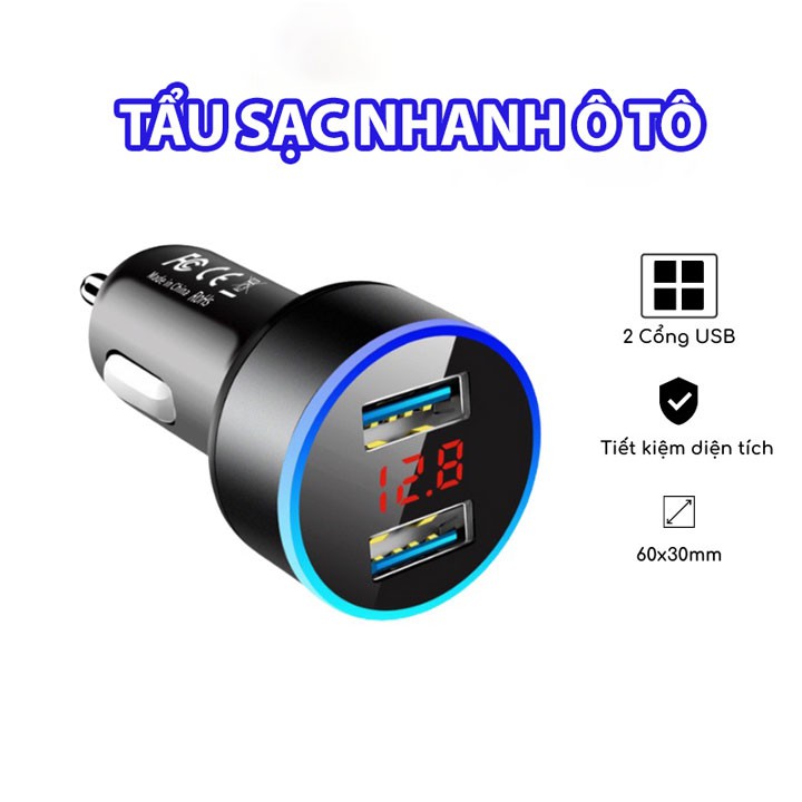 Tẩu sạc nhanh ô tô nhỏ gọn 2 cổng USB và có đèn LED