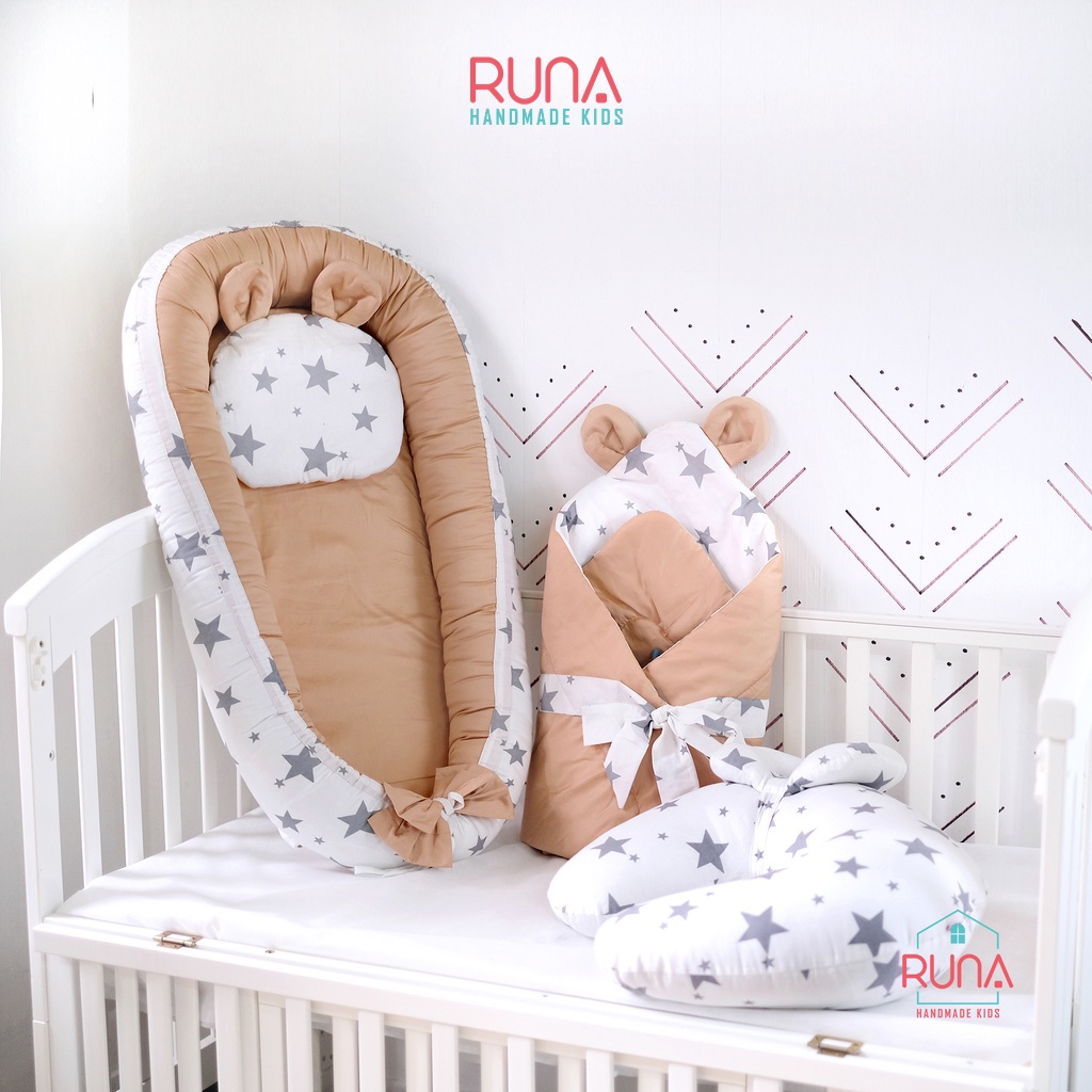 Combo nôi, chăn, gối lót đầu, gối hỗ trợ bé bú cho bé sơ sinh RUNA KIDS chất liệu Satin cao cấp, mềm mịn, an toàn cho bé