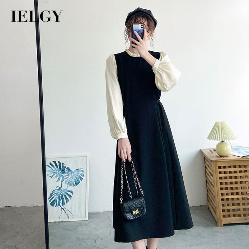Đầm IELGY tay dài cổ tròn dáng ôm phong cách Hồng Kông cổ điển cho nữ