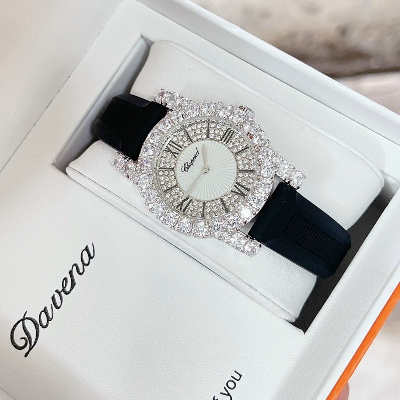 Đồng hồ nữ dây da, đồng hồ đeo tay chính hãng CHOPARD full box mặt đính kim cương nhân tạo Swarovski siêu cao cấp