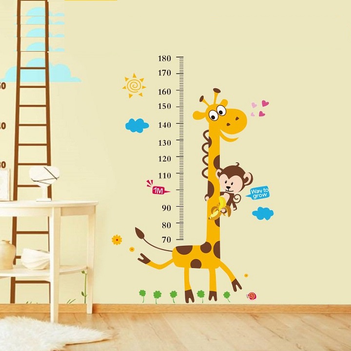 Thước Dán Tường Đo Chiều Cao Cho Bé Hình Hươu Cao Cổ 1m70cm, Decal dán tường đo chiều cao, kiểm tra thị giác cho be