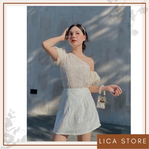 Áo lệch vai nữ tay bồng tơ hoa 2 lớp mềm mịn hàng thiết kế cao cấp Hottrend LICA - A33