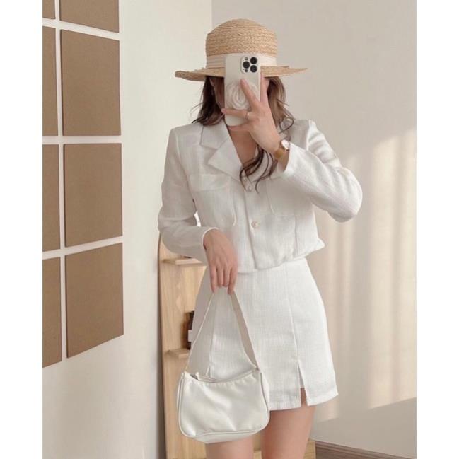Set áo vest dạ croptop túi nắp kèm chân váy xẻ 2 line