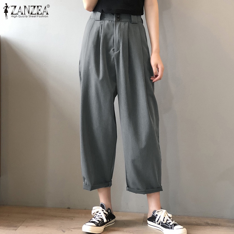 Quần dài ống suông lưng cao ZANZEA màu trơn phong cách thời trang cho nữ