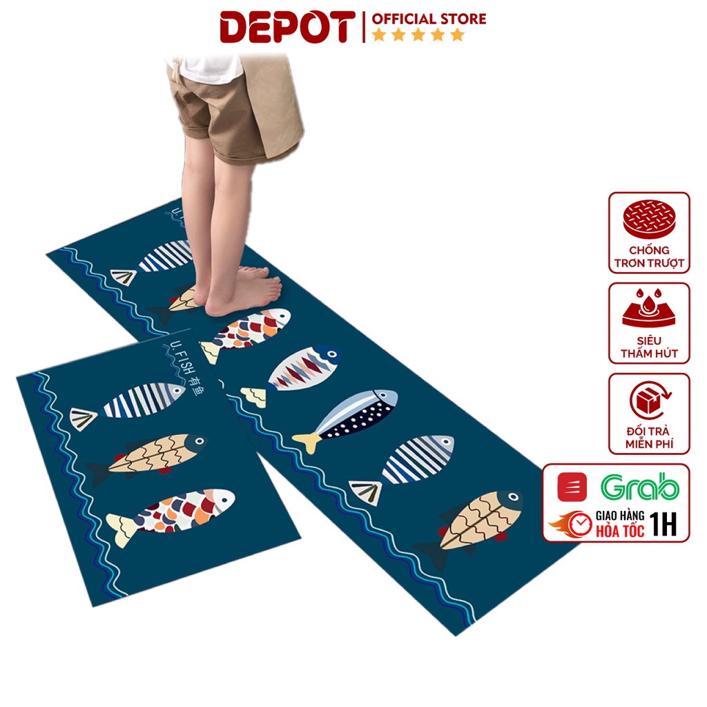 Thảm lau chân nhà bếp nhà tắm DEPOT, thảm chùi chân để cửa 3D cao cấp chống trơn trượt thấm nước tốt