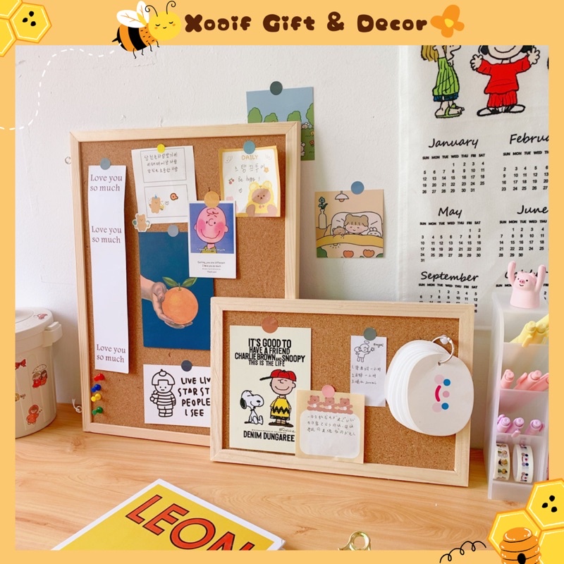 Bảng ghim gỗ bần ghim ghi chú, postcard decor bàn học (Tặng sticker và ghim)