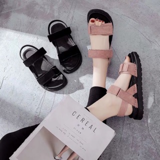 Sandal nữ quai da lộn hồng- đen