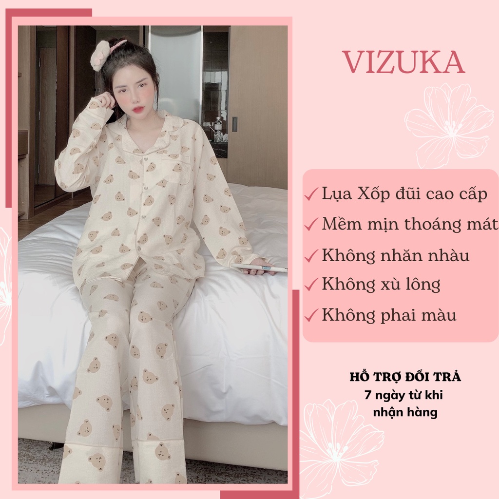 Đồ bộ Pijama nữ dài tay mặc nhà chất liệu xốp đũi siêu mềm mịn VIZUKA