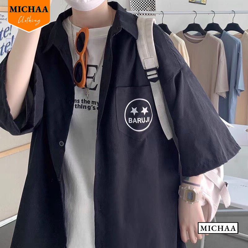 Áo Sơ Mi BARU JI Tay Ngắn Mặt Cười Unisex, Áo Sơ Mi Kaki Tay Lỡ Nam Nữ - MICHAA