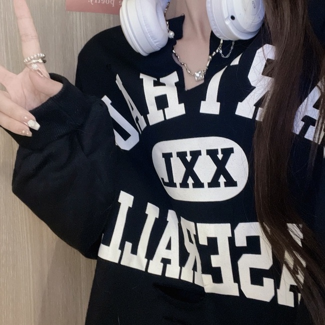 ZHELIHANGFEI Áo Thun Tay Dài Dáng Rộng Thiết Kế Rách Cá Tính Hợp Thời Trang