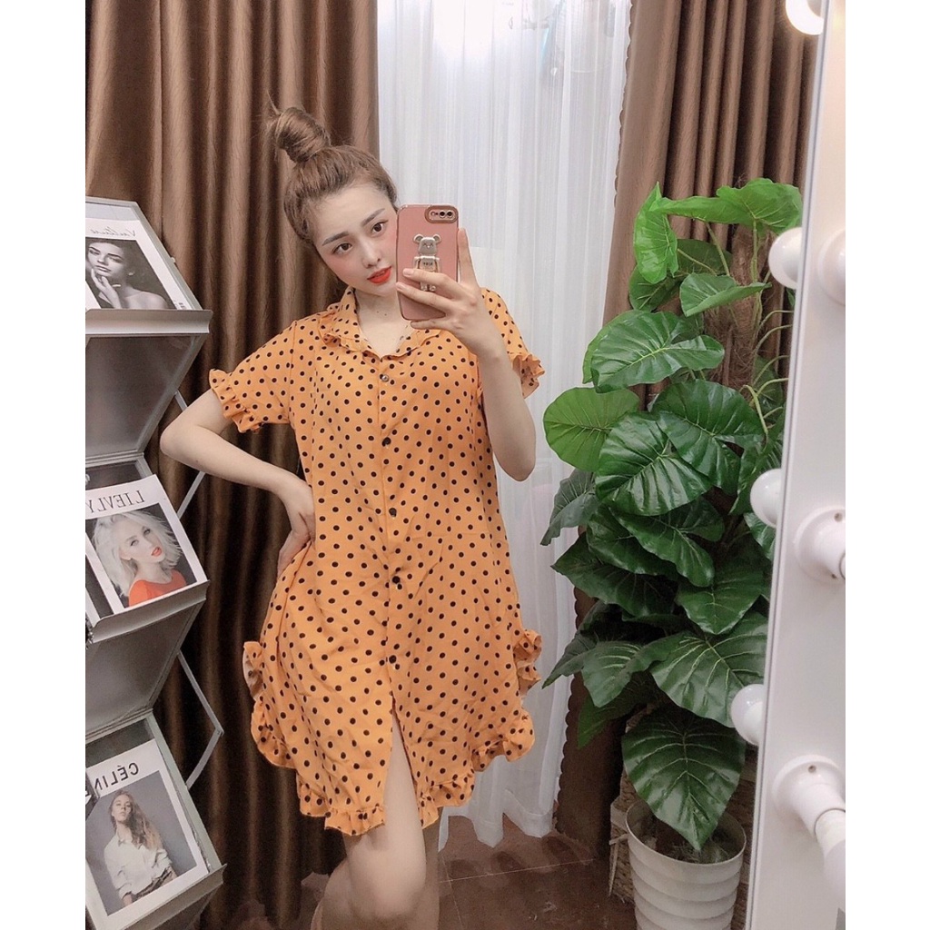 Đầm váy ngủ kiểu cổ sơ mi nữ chất liệu lụa hàn mềm mại họa tiết siêu xinh freesize dưới 57kg