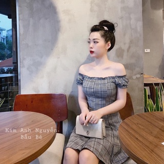 Đầm trễ vai kẻ kèm ảnh thật
