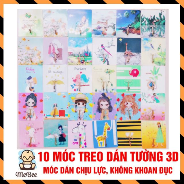 Combo 10 móc dán tường 3D / Keo dán cao cấp, không khoan đục