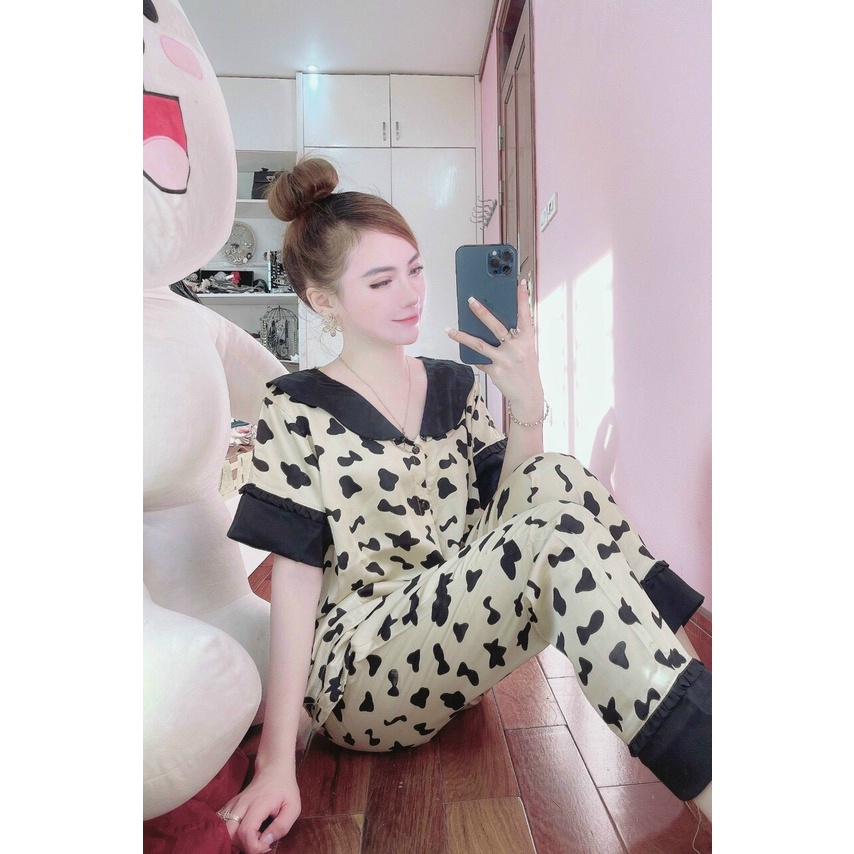 Bộ Pijama lụa mặc nhà nữ cổ sen họa tiết cộc tay quần dài