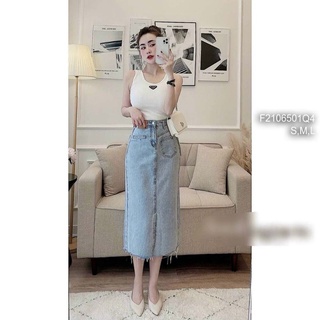 Chân váy jean xẻ tà trước có túi dáng dài lưng cao!