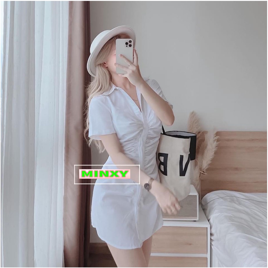 Váy sơ mi dúm trước đầm nhún cổ somi 2 màu -MINXY SHOP