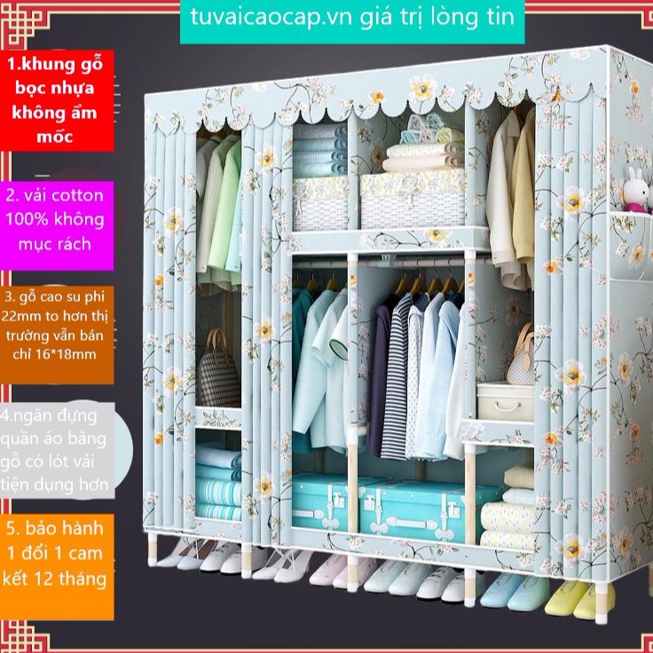 Tủ Vải Khung gỗ 4 buồng 8 ngăn cao cấp Bảo Hành 12 Tháng