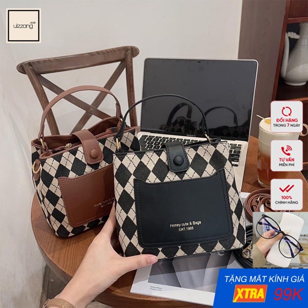 Túi Da Cúc Bấm Ô Trám Quai Xách Khoá Kéo Hàng Xuất Xịn - Tặng Kèm Mắt Kính 99k