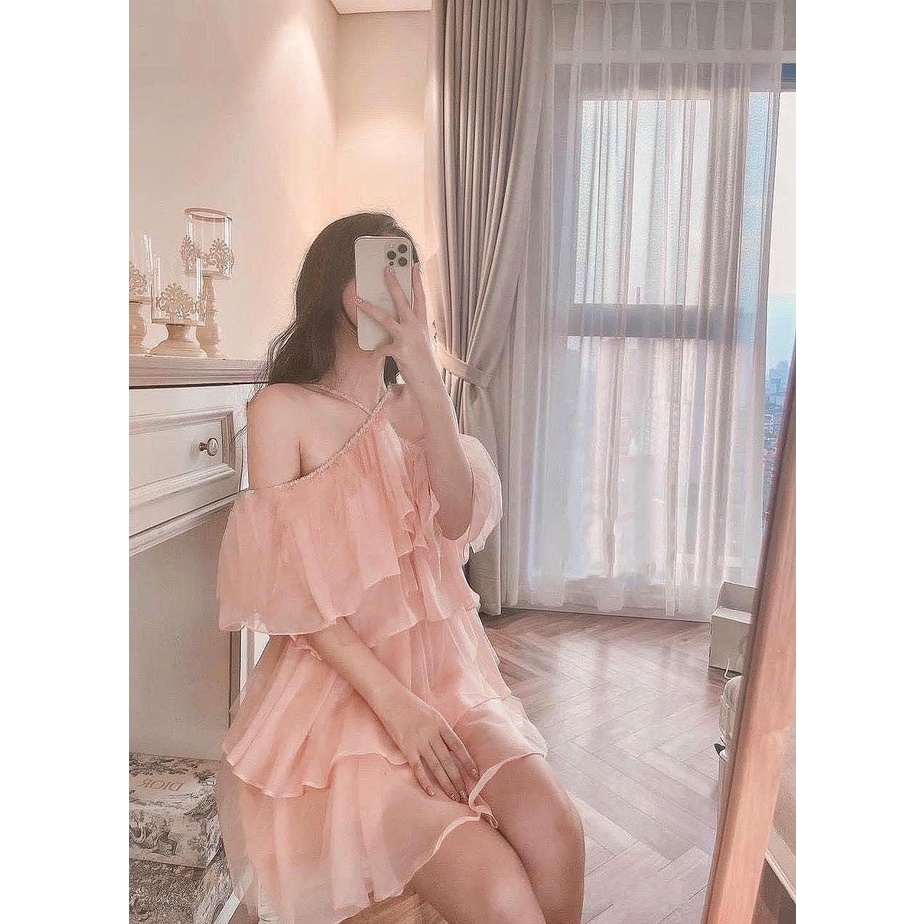 Đầm voan nude cổ yếm rớt vai tầng  💖 KÈM ẢNH THẬT